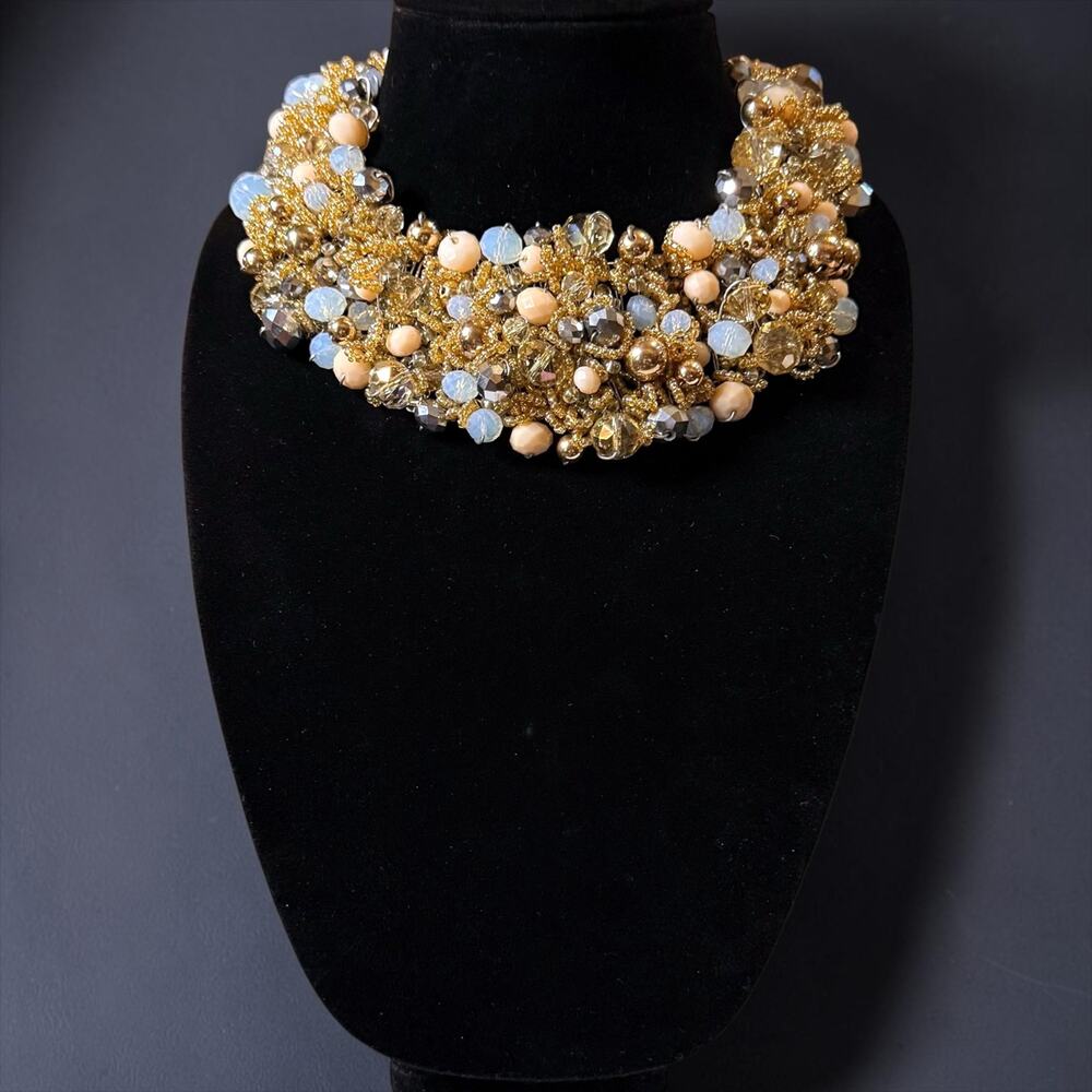 Aldo Statement Collar Necklace Womens Gold Blue Cream Bead Formal Choker ~16”
